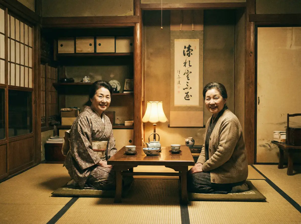 两位优雅的 saba体育app 在日式茶室中品茶交谈